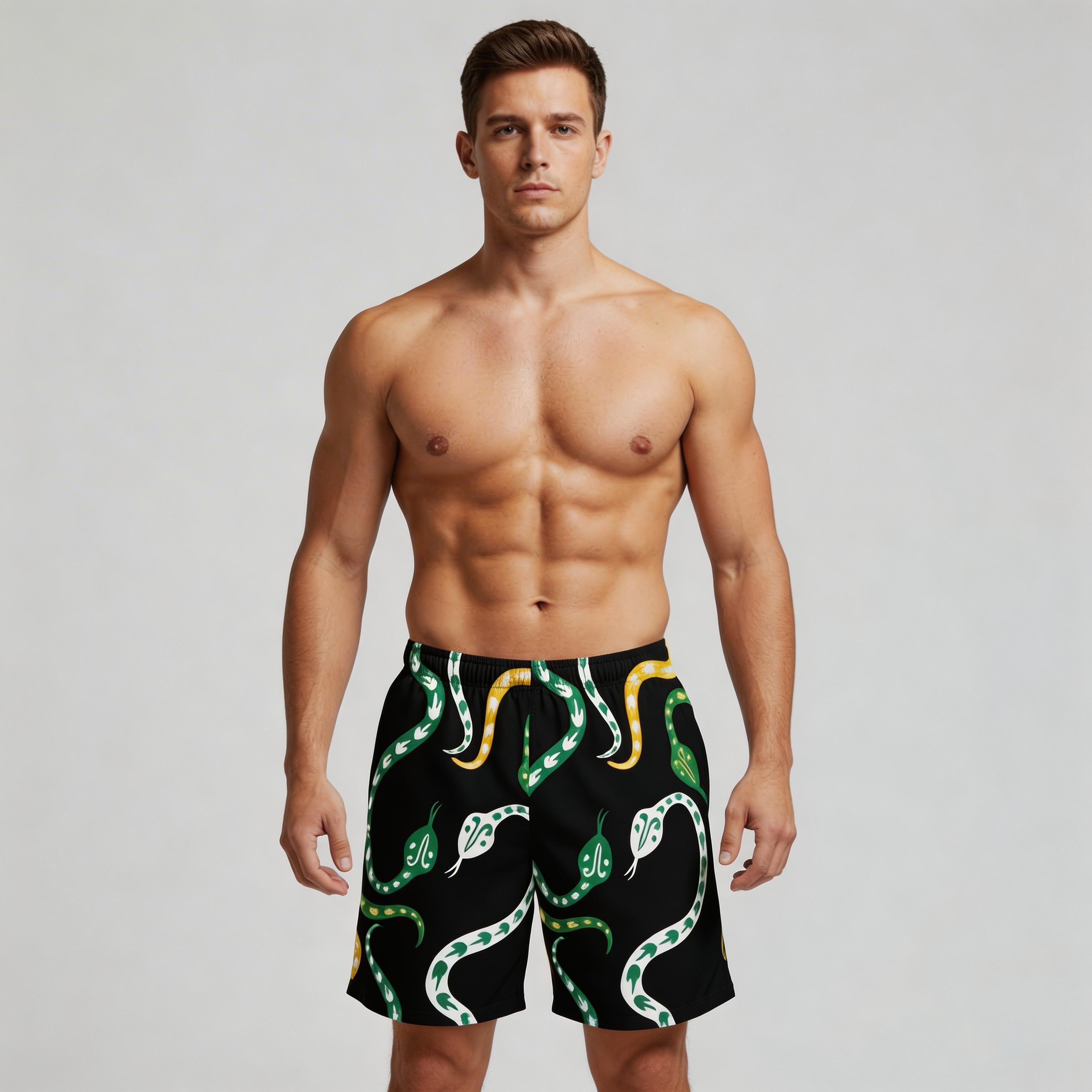 Men's Black Cobra Swim Trunks – Designer Beach Shorts – Luxury Resort Swimwear