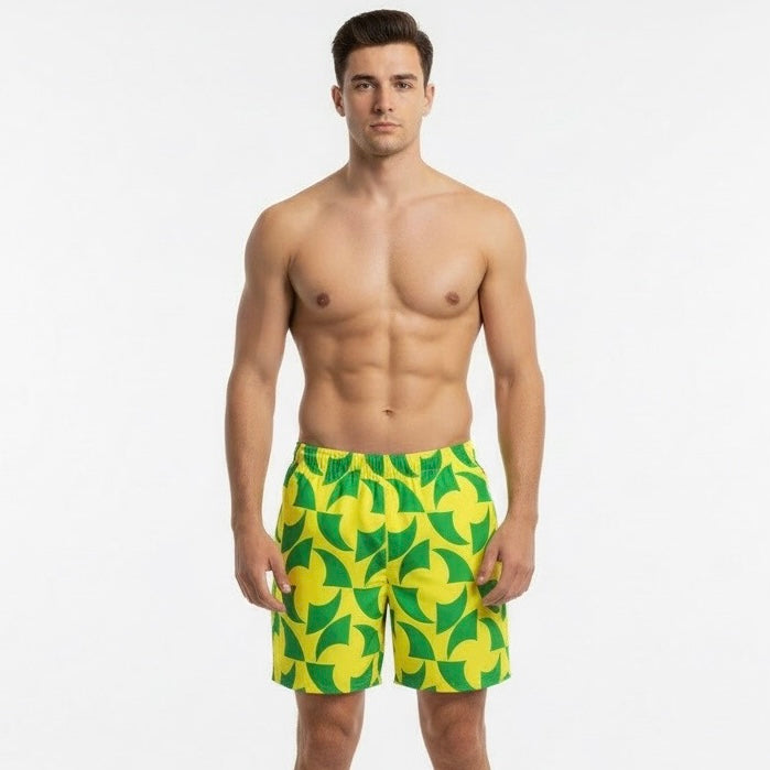 Men's Tropical Swim Trunks – Green & Gold Beach Shorts – Rio Inspired Swimwear