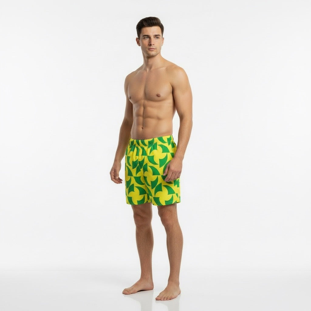 Men's Tropical Swim Trunks – Green & Gold Beach Shorts – Rio Inspired Swimwear